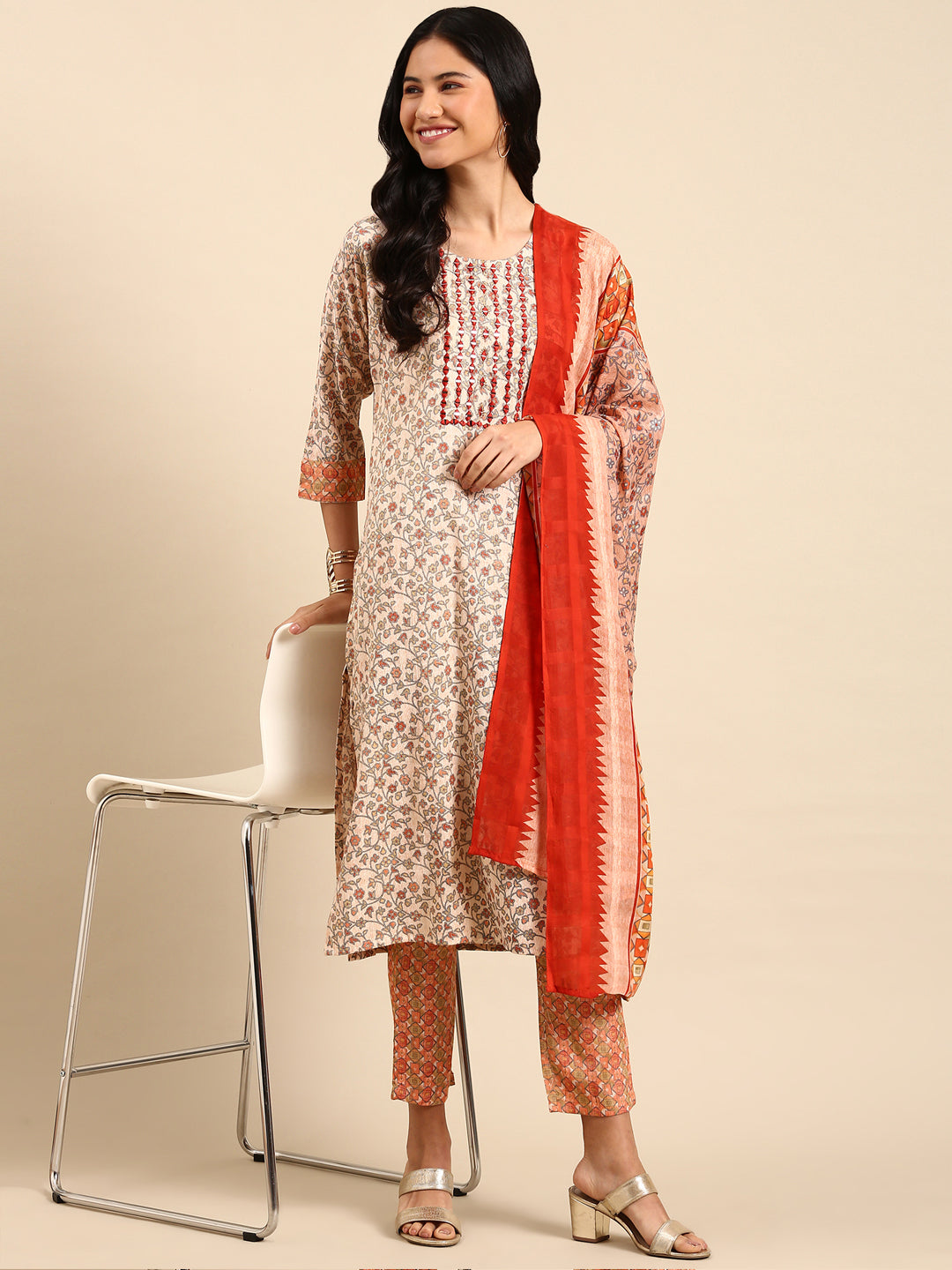 Women's Peach Printed Kurta Set