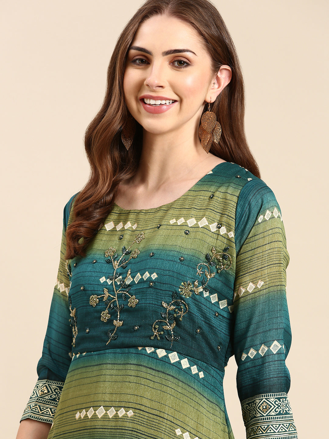 Women's Teal Embellished A-Line Kurta