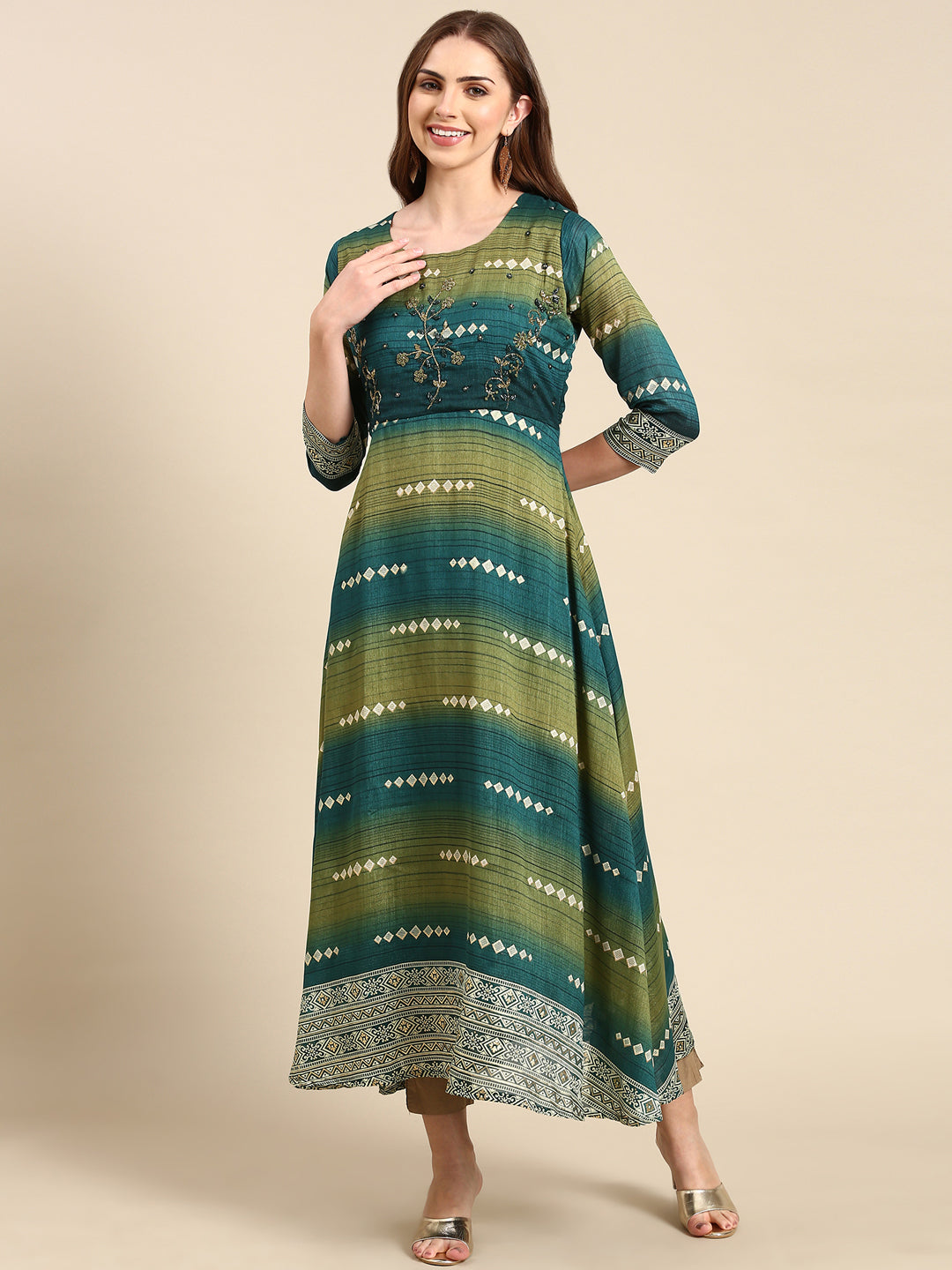 Women's Teal Embellished A-Line Kurta