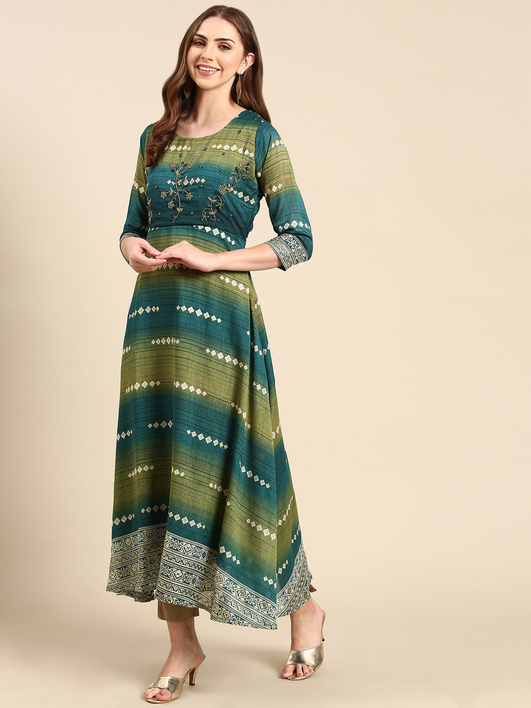 Women's Teal Embellished A-Line Kurta