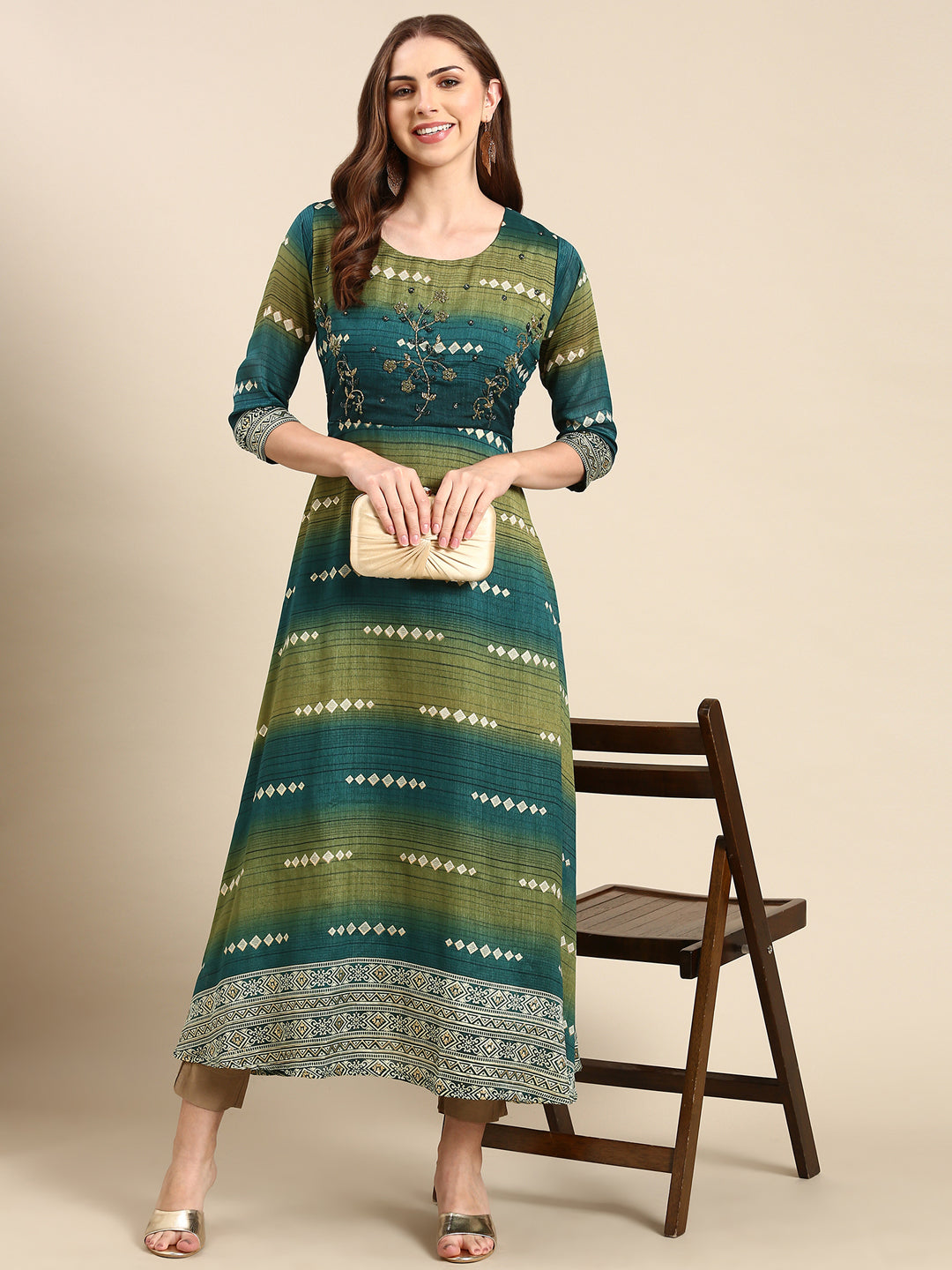 Women's Teal Embellished A-Line Kurta