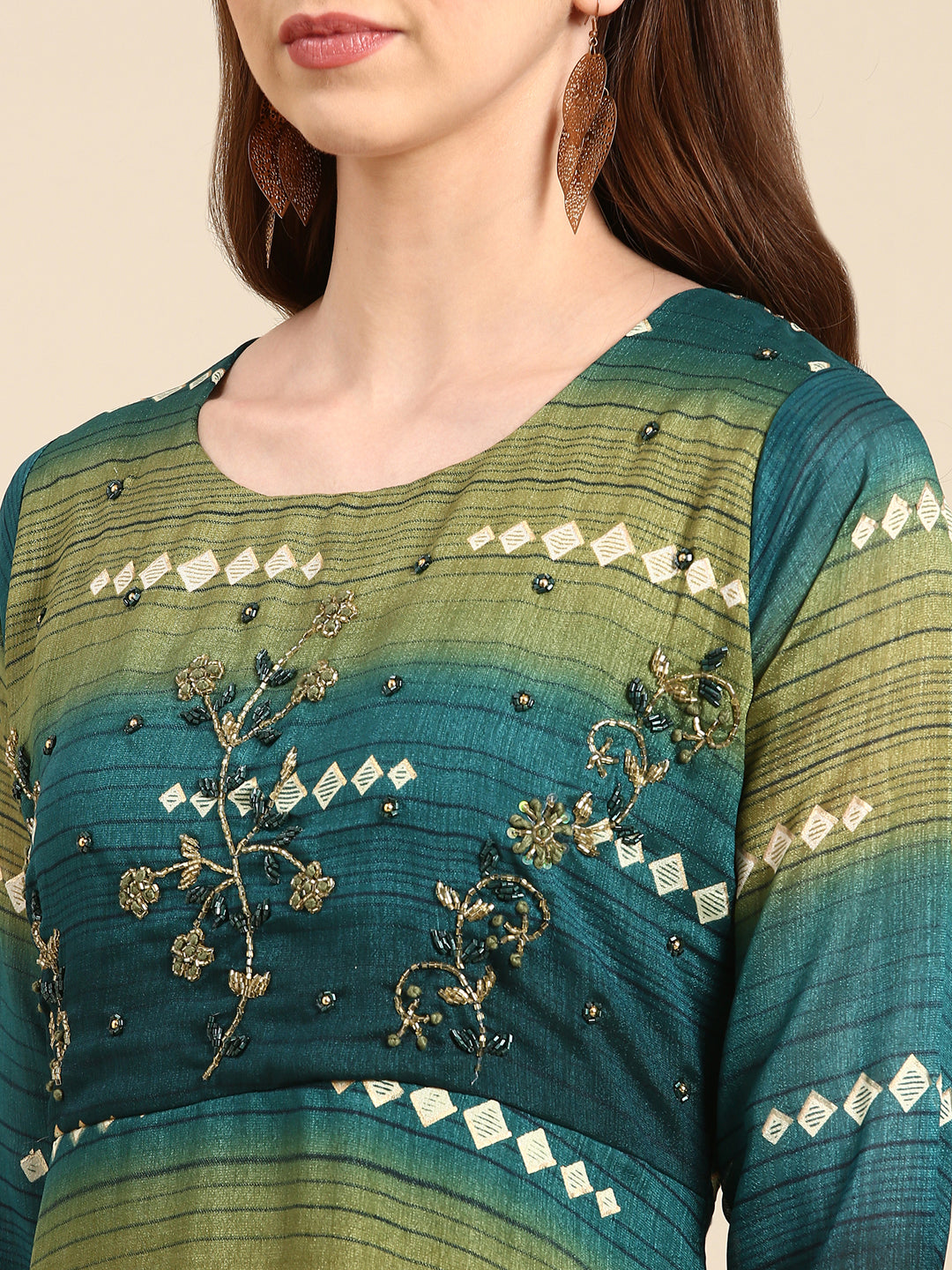 Women's Teal Embellished A-Line Kurta