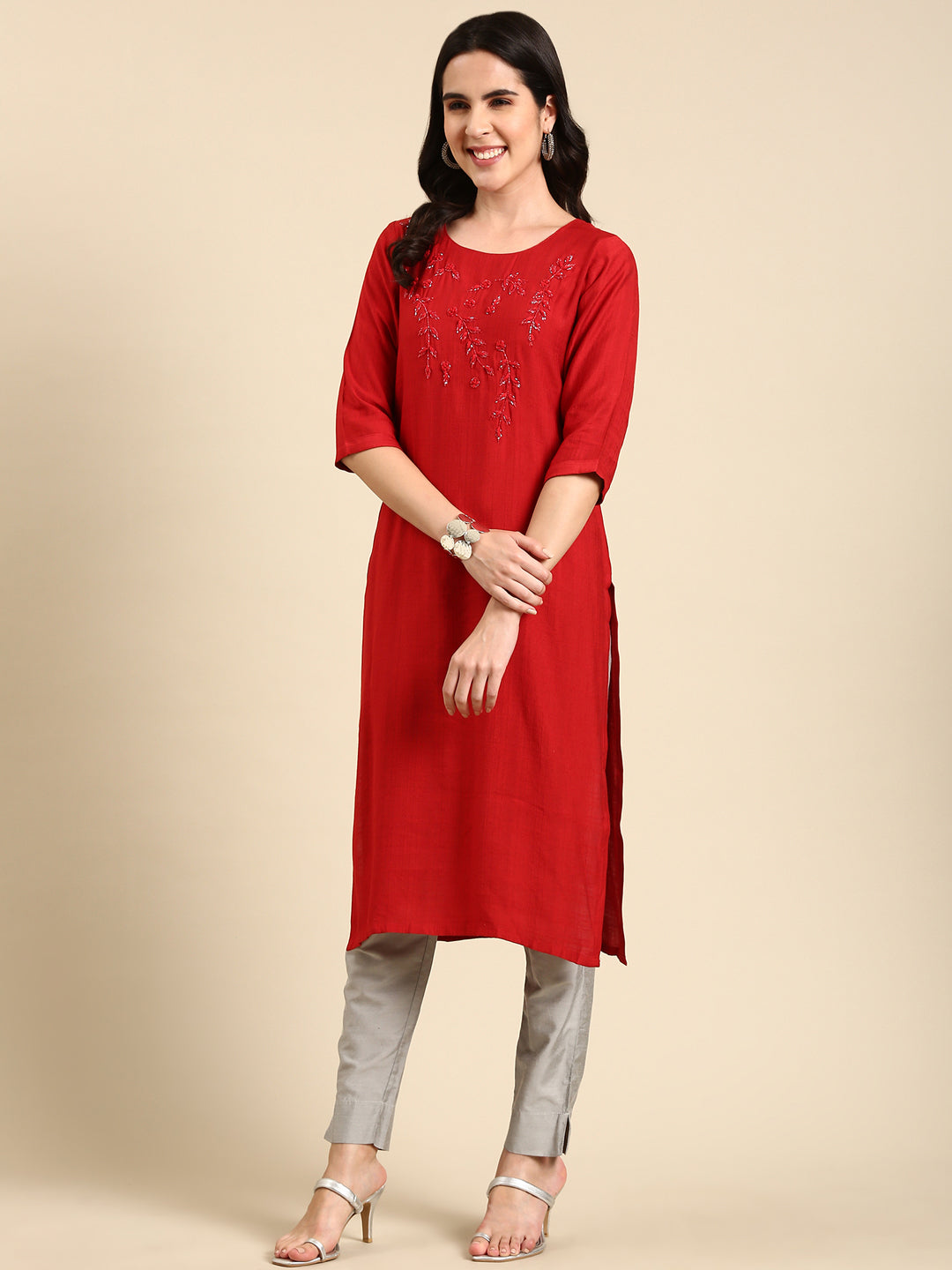 Women's Red Solid Straight Kurta