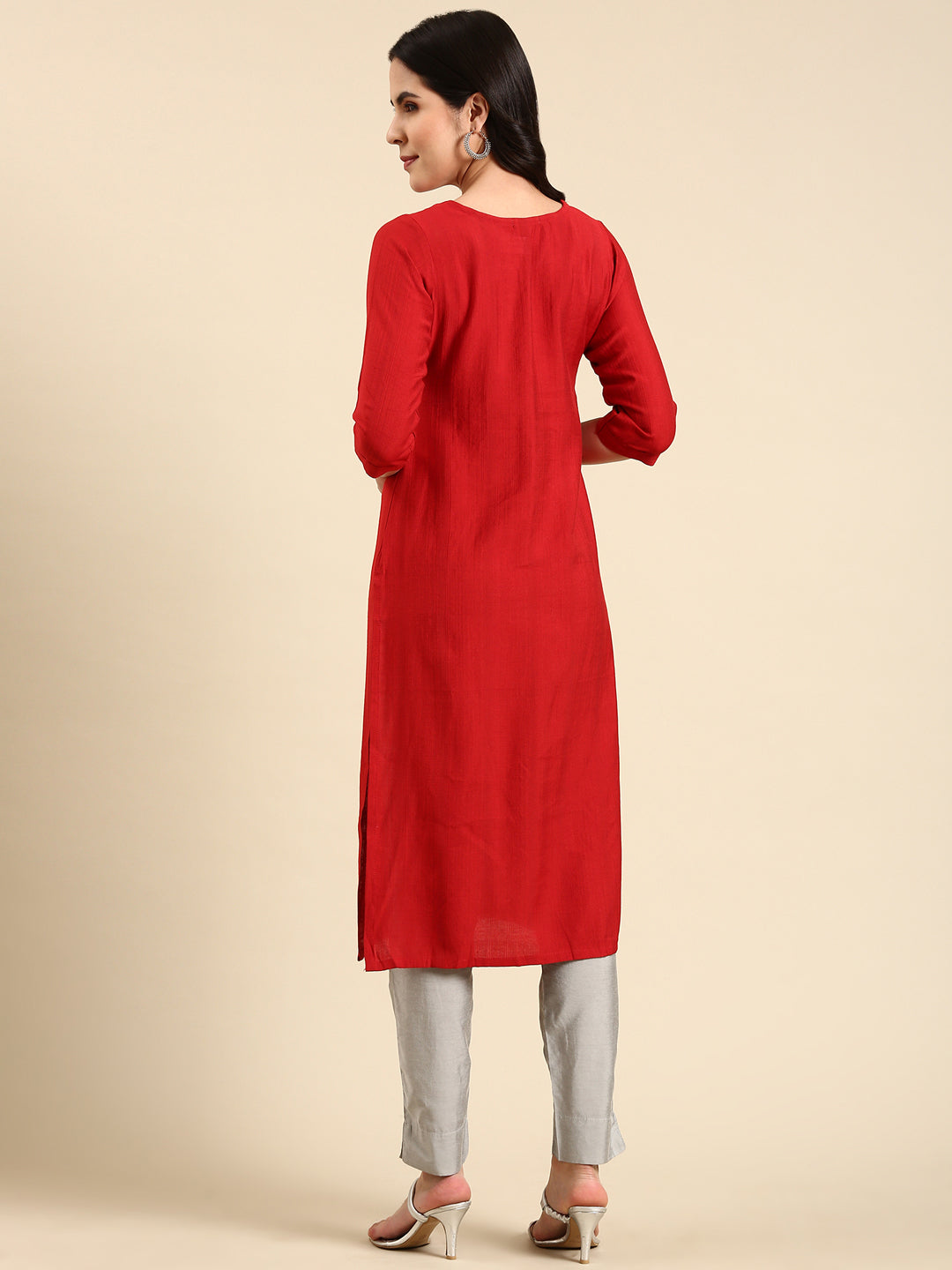 Women's Red Solid Straight Kurta