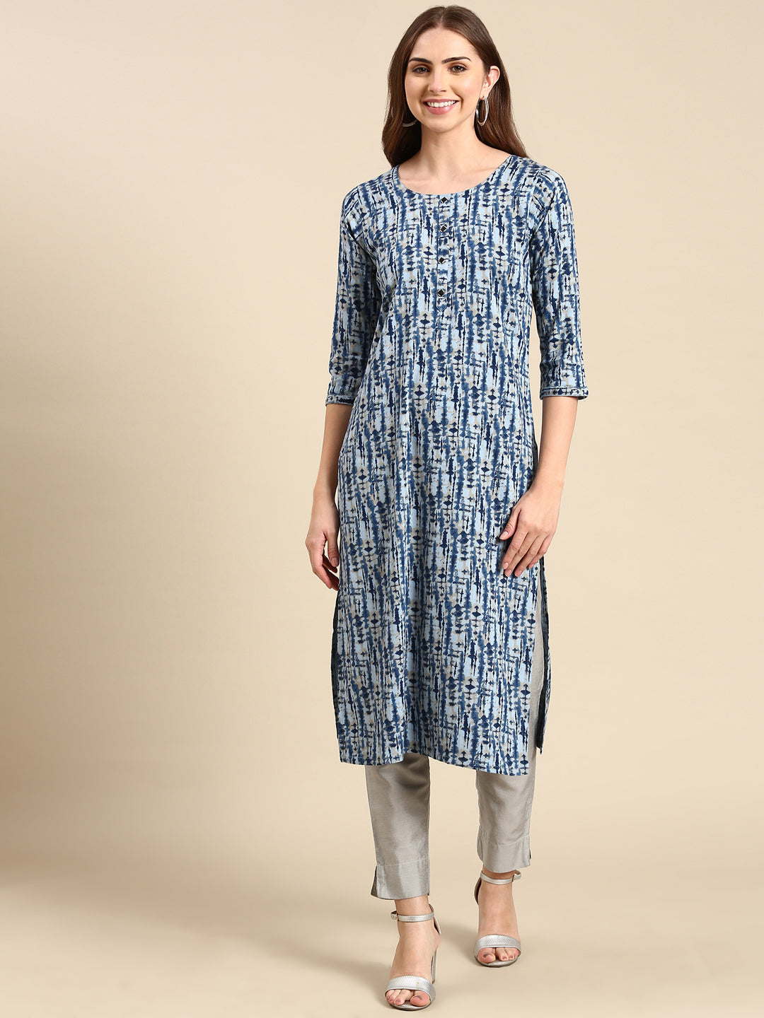 Women's Blue Printed Straight Kurta