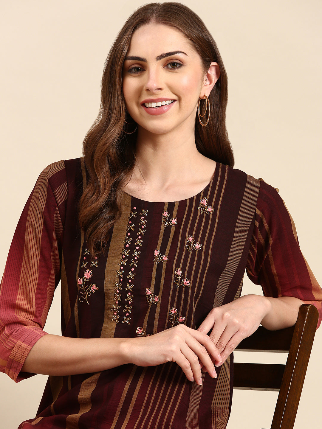 Women's Coffee Brown Striped Straight Kurta