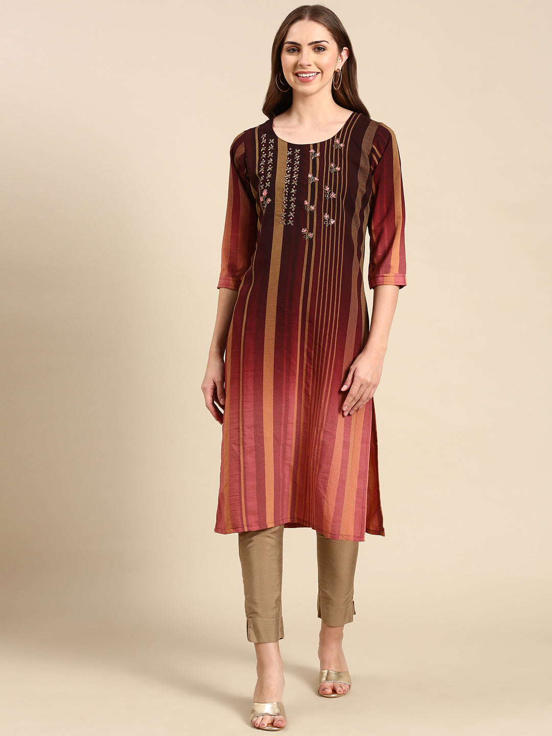 Women's Coffee Brown Striped Straight Kurta