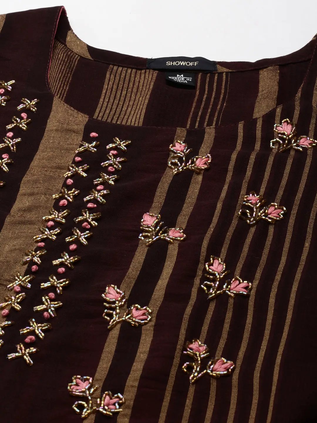 Women's Coffee Brown Striped Straight Kurta