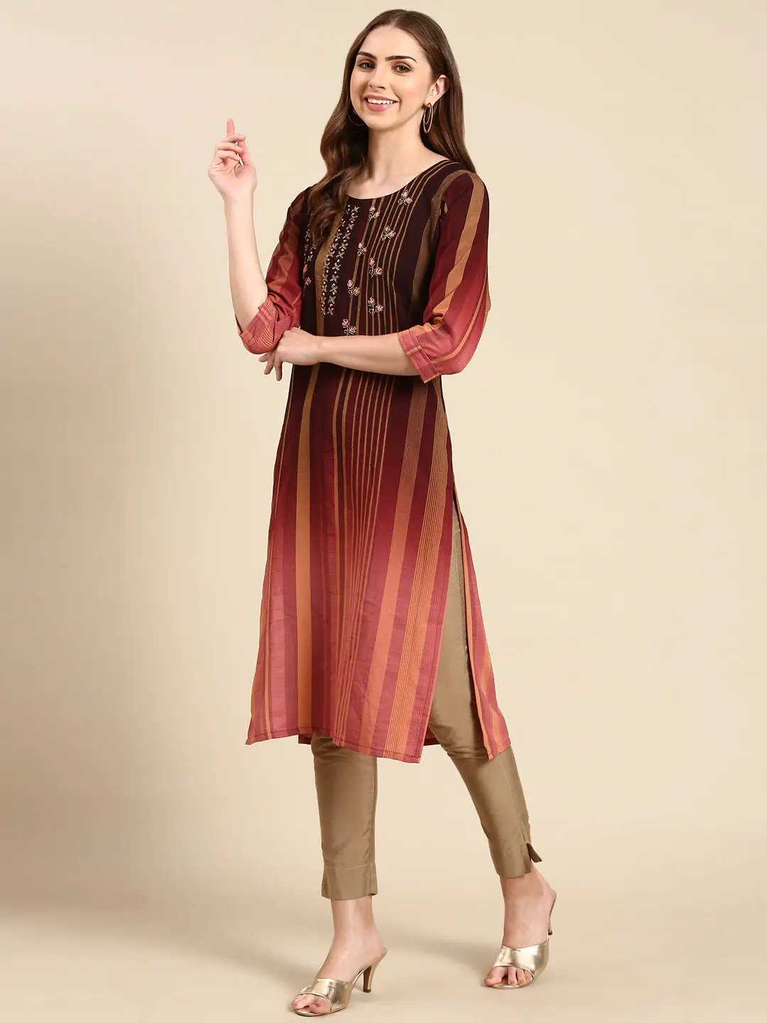 Women's Coffee Brown Striped Straight Kurta