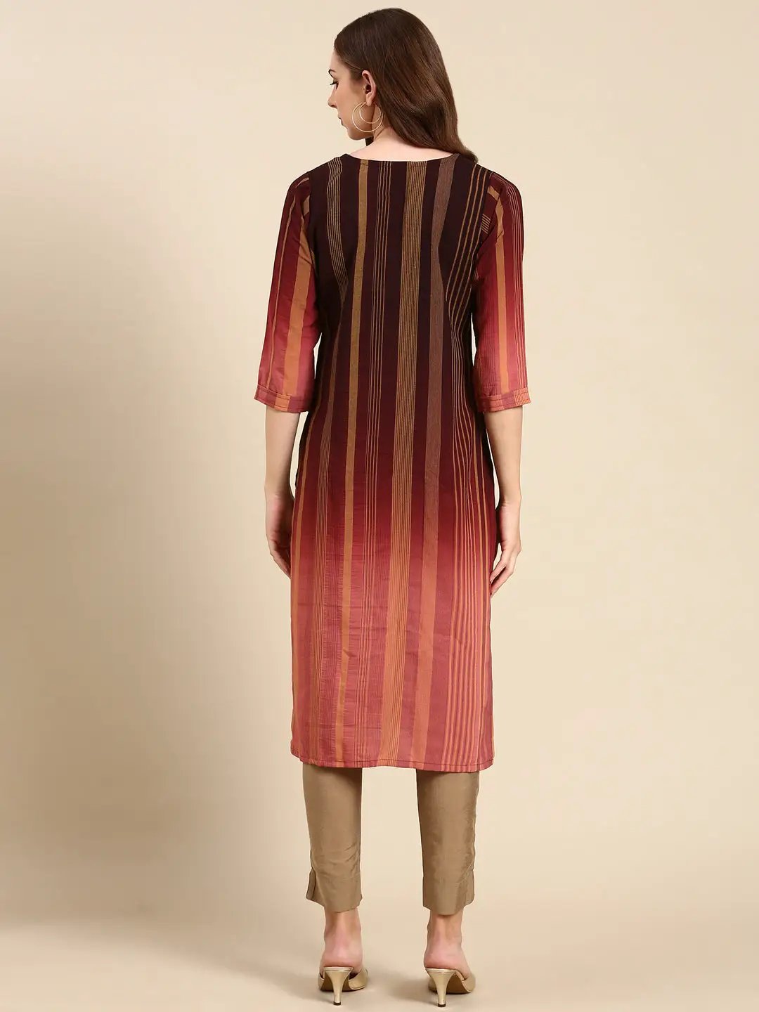 Women's Coffee Brown Striped Straight Kurta