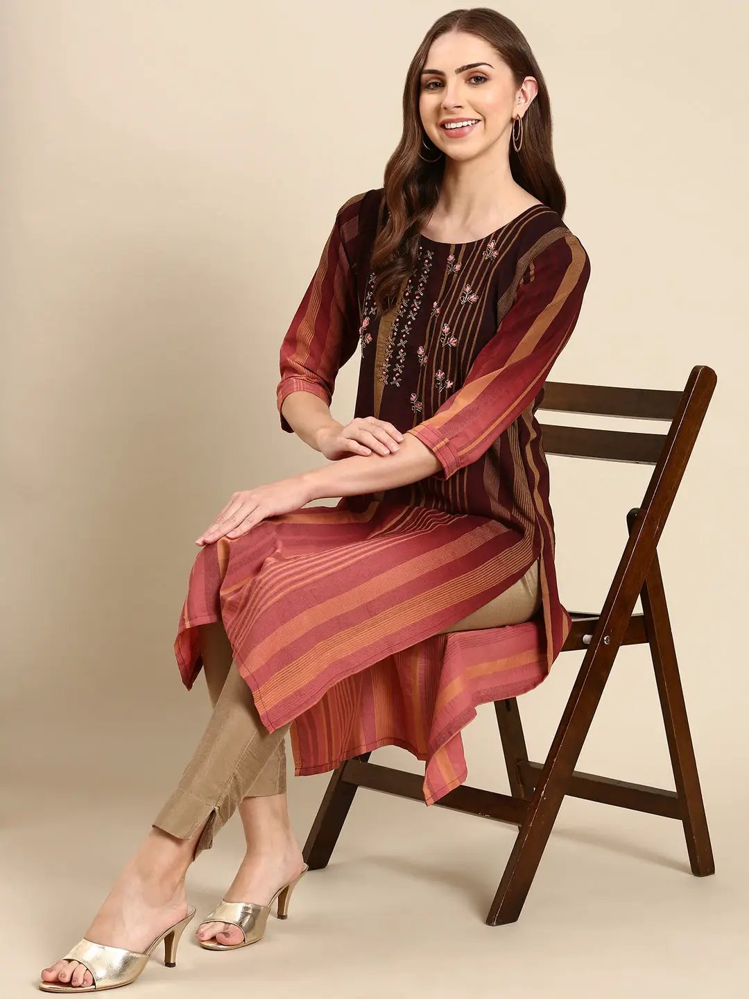 Women's Coffee Brown Striped Straight Kurta