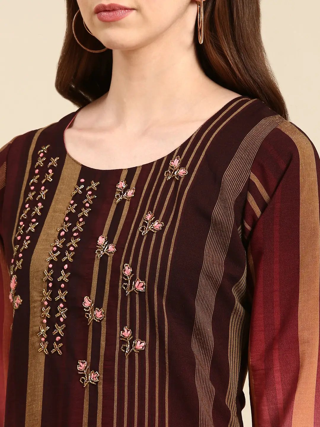 Women's Coffee Brown Striped Straight Kurta