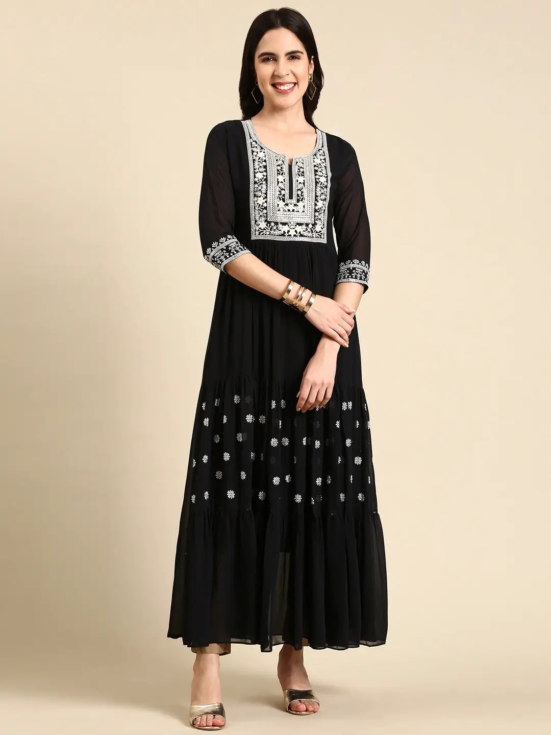 Women's Navy Blue Tiered Floral Embroidered Sequinned Anarkali Kurta