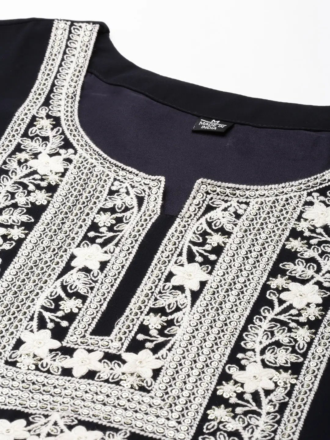 Women's Navy Blue Tiered Floral Embroidered Sequinned Anarkali Kurta