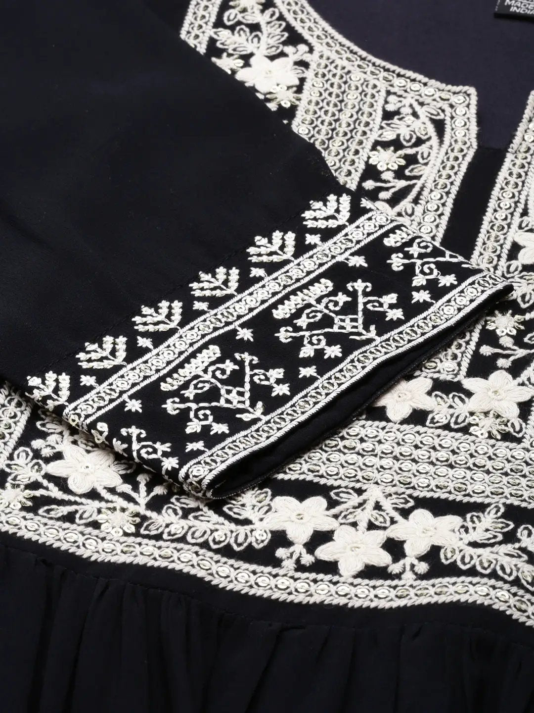 Women's Navy Blue Tiered Floral Embroidered Sequinned Anarkali Kurta