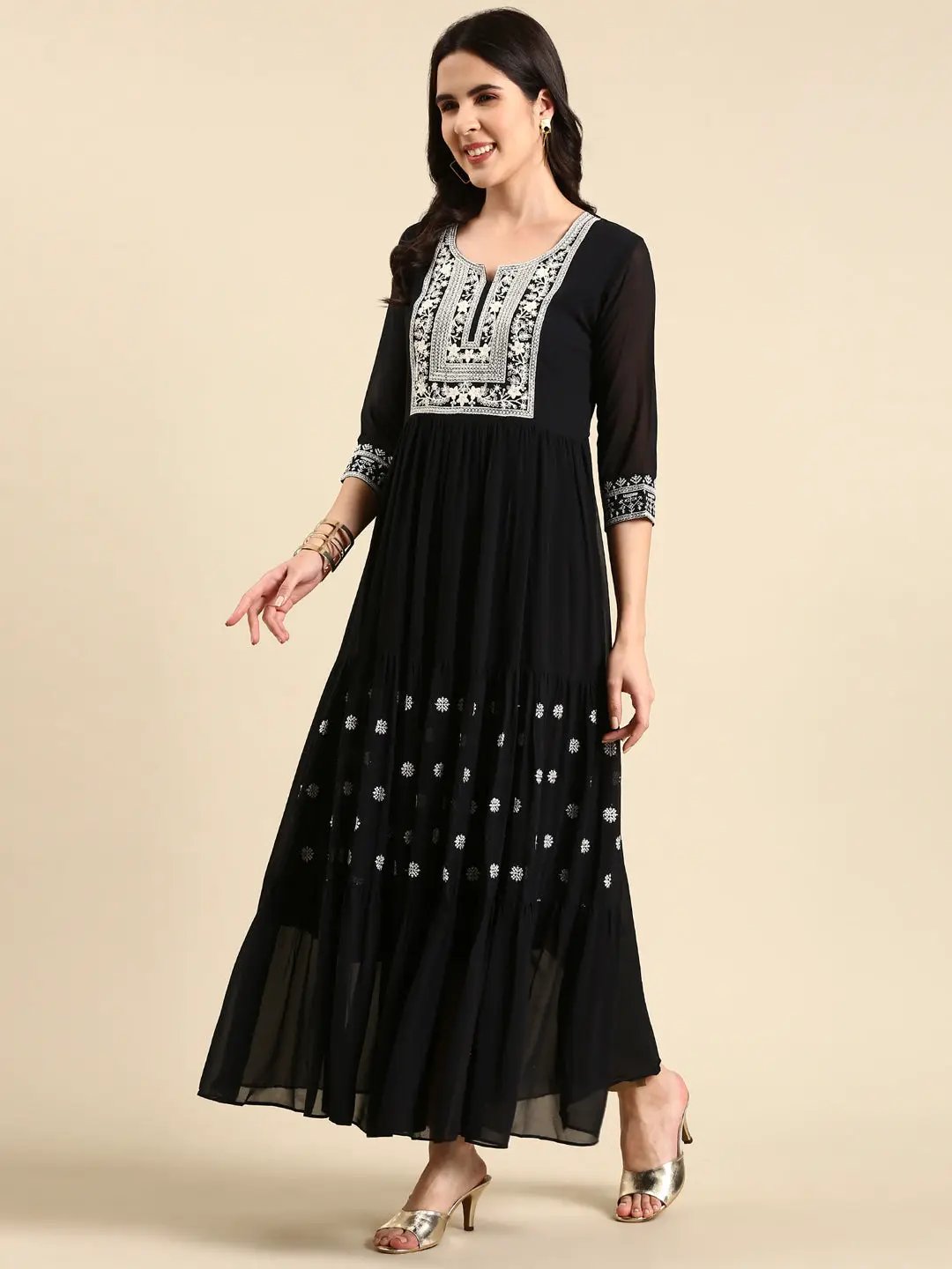 Women's Navy Blue Tiered Floral Embroidered Sequinned Anarkali Kurta