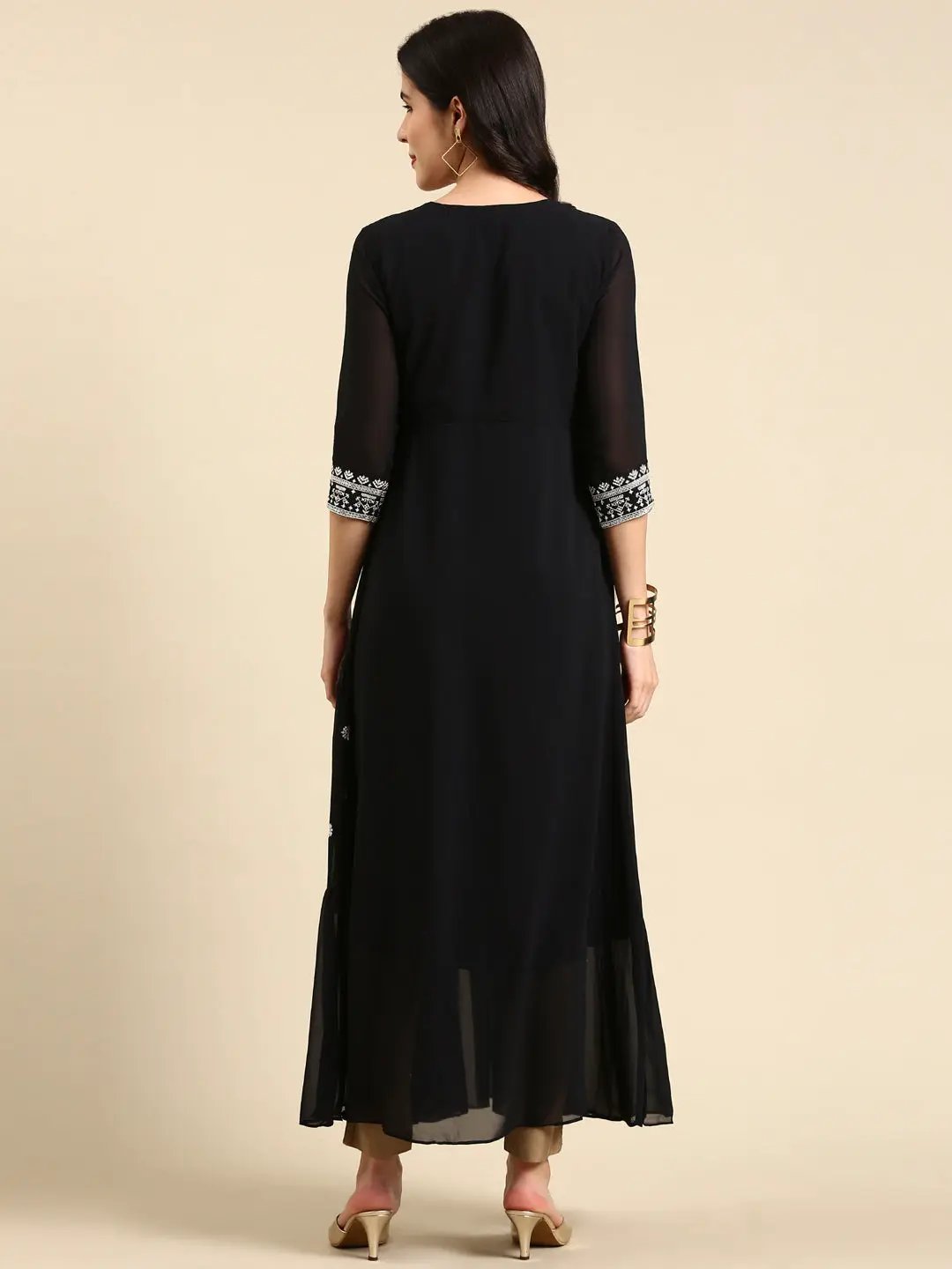 Women's Navy Blue Tiered Floral Embroidered Sequinned Anarkali Kurta