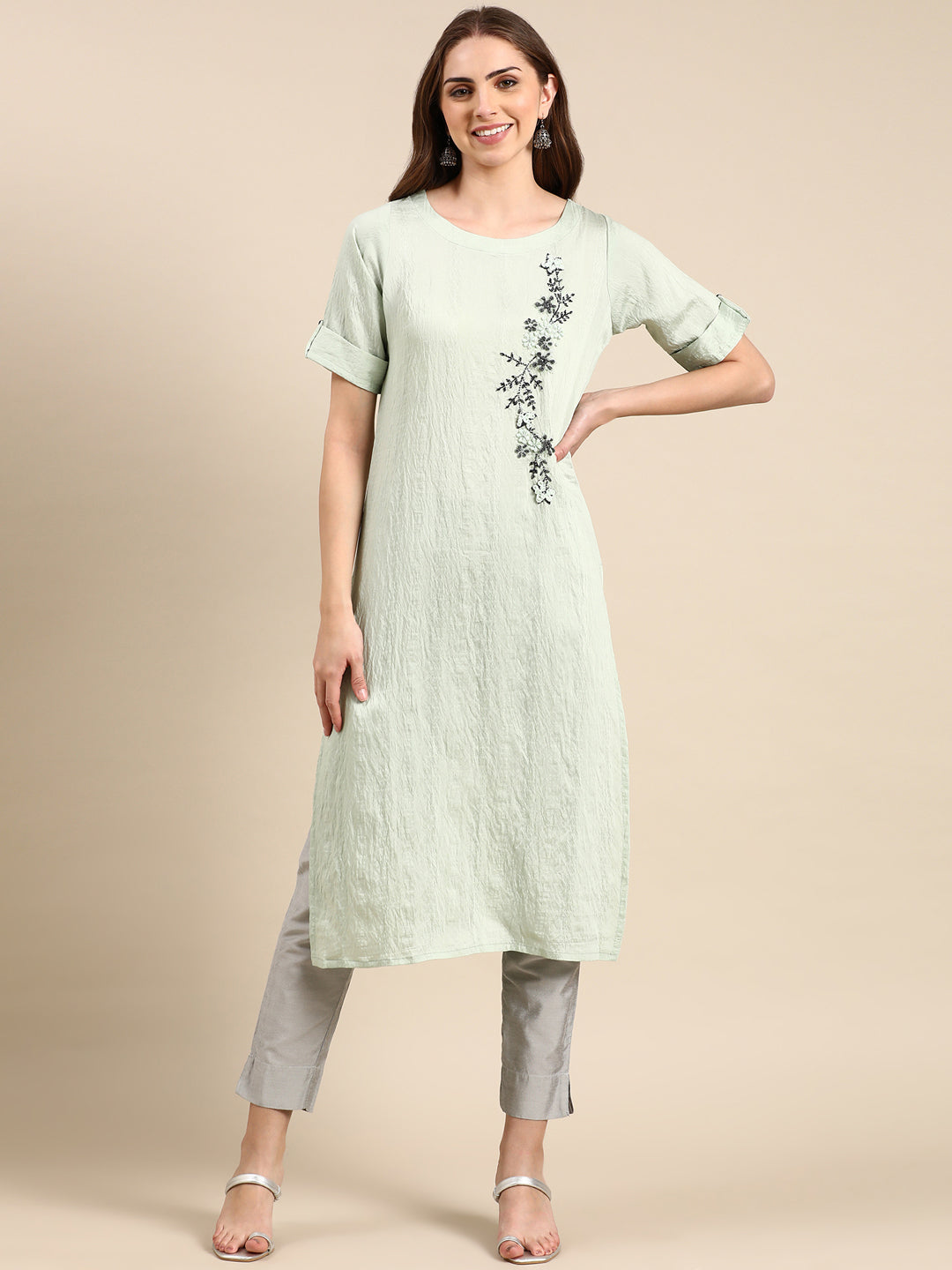 Women's Sea Green Solid Straight Kurta