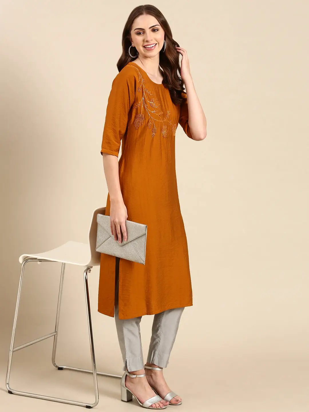 Women's Mustard Embellished Straight Kurta