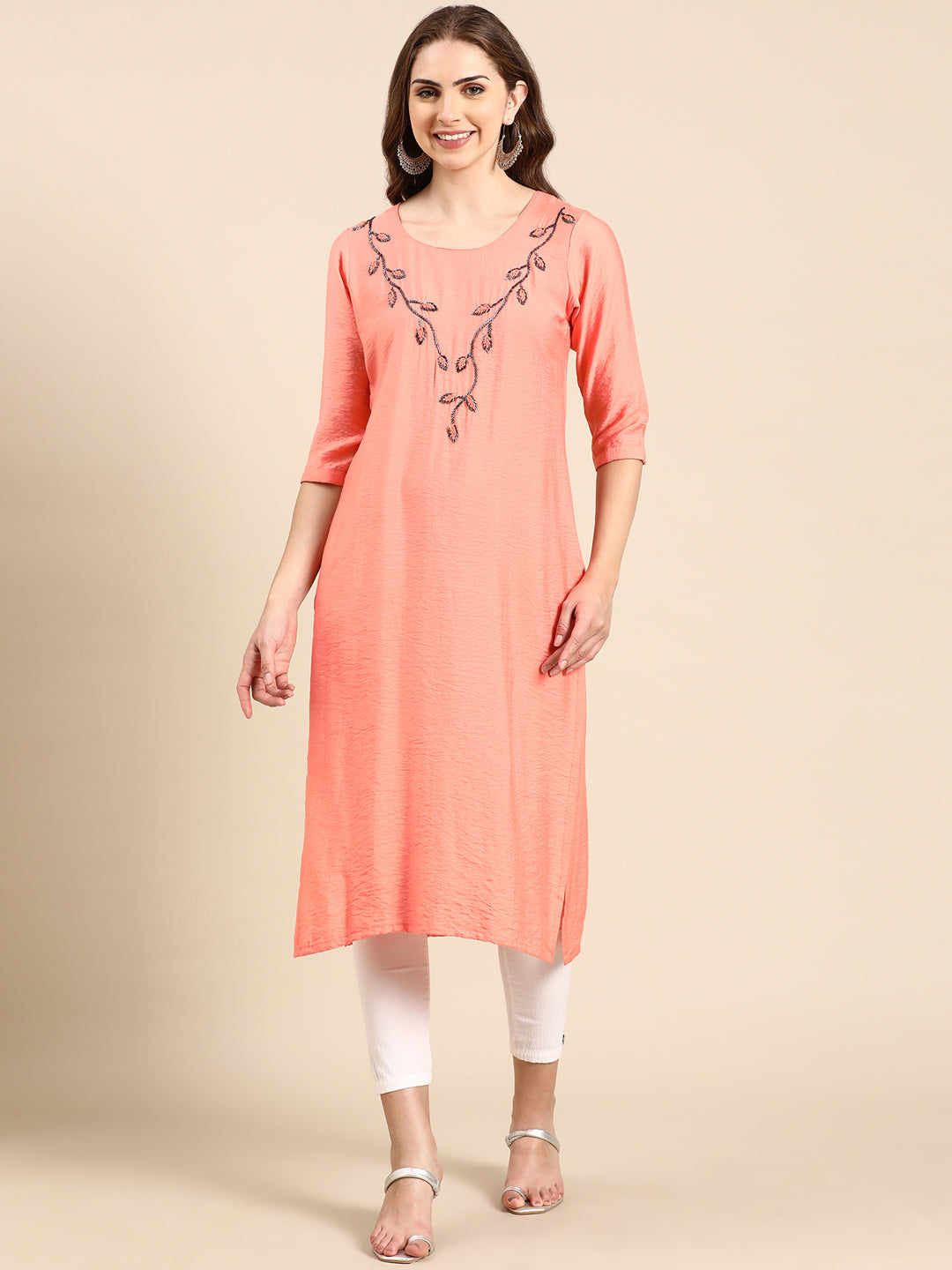 Women's Peach Embellished Straight Kurta