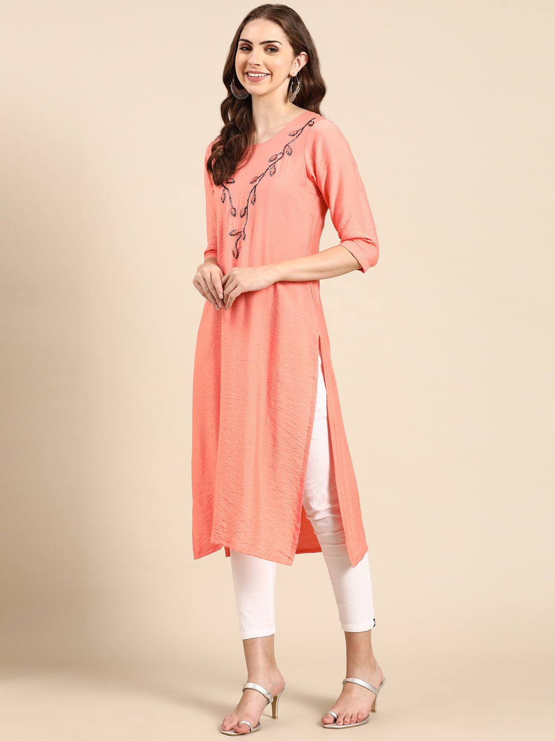 Women's Peach Embellished Straight Kurta