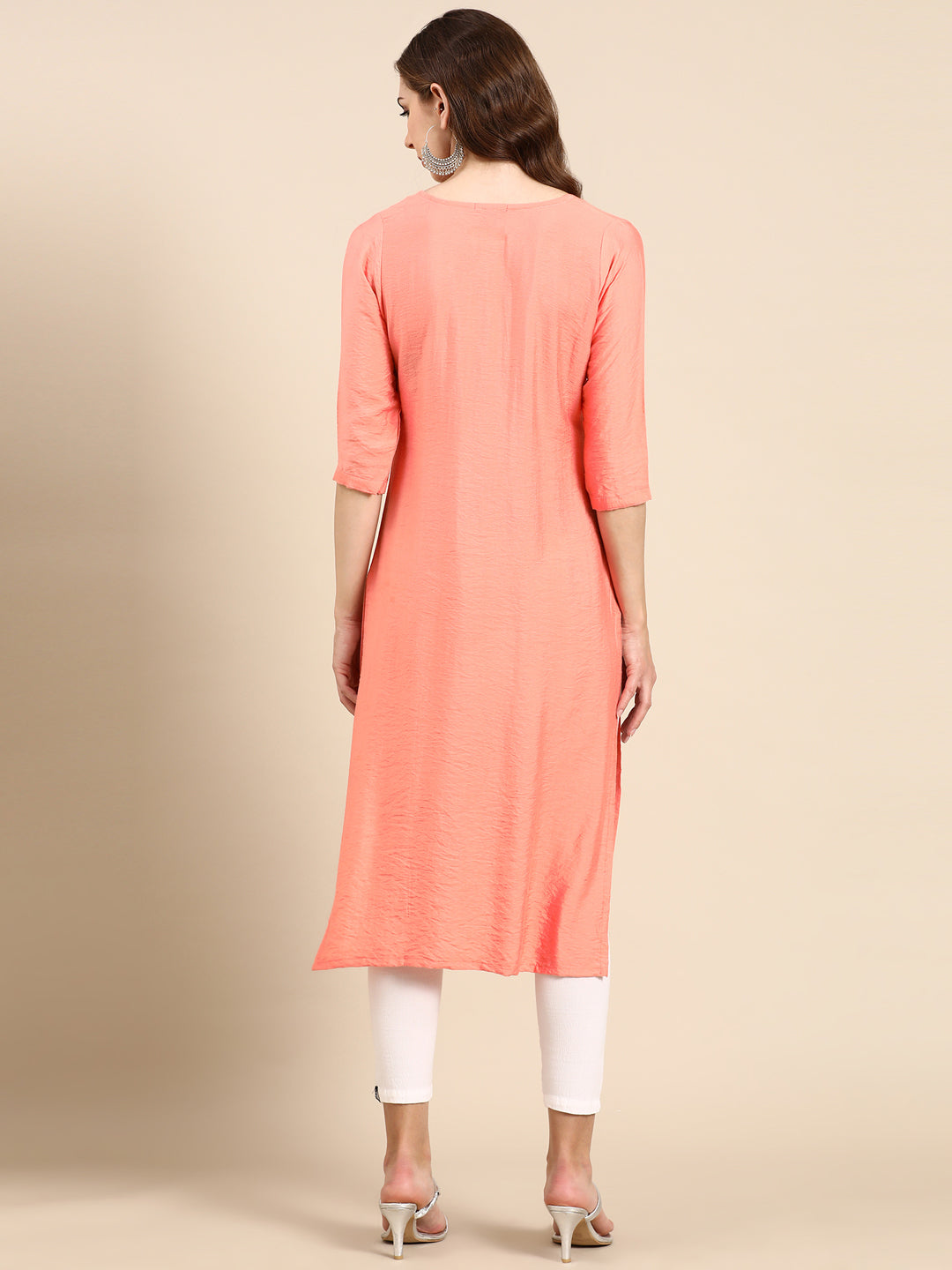 Women's Peach Embellished Straight Kurta