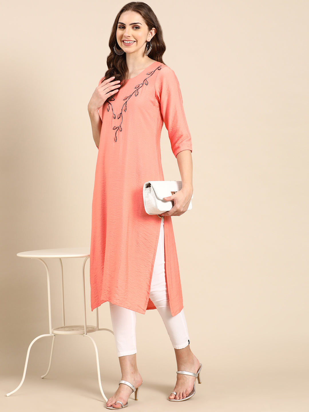 Women's Peach Embellished Straight Kurta