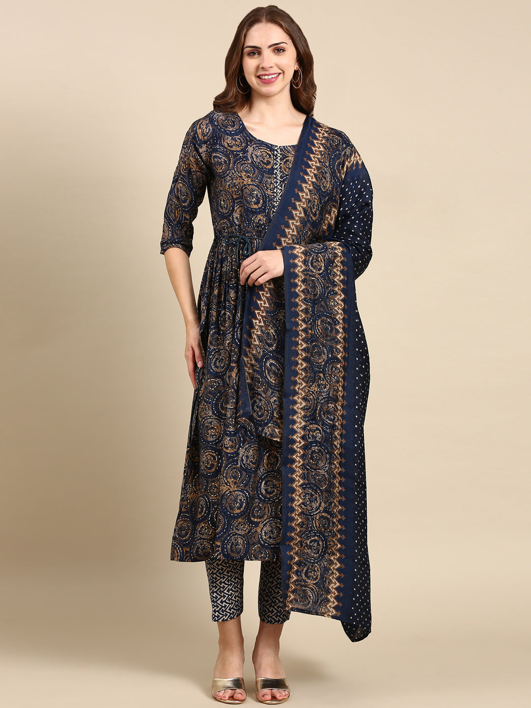 Women's Navy Blue Printed Kurta Set