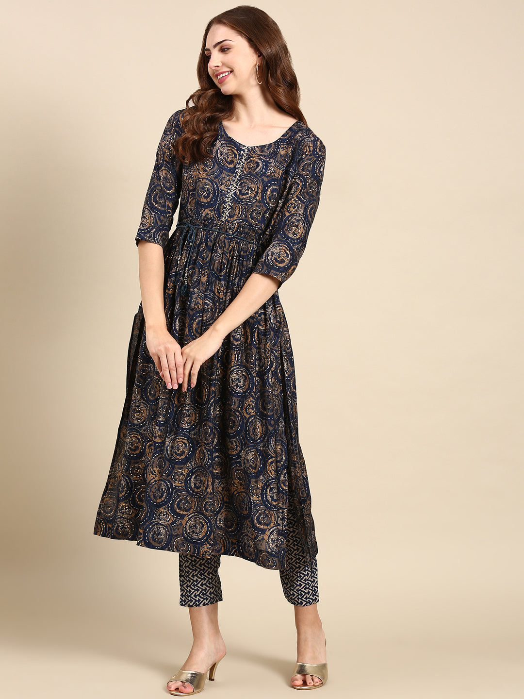 Women's Navy Blue Printed Kurta Set