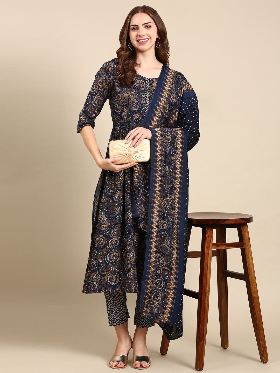 Women's Navy Blue Printed Kurta Set