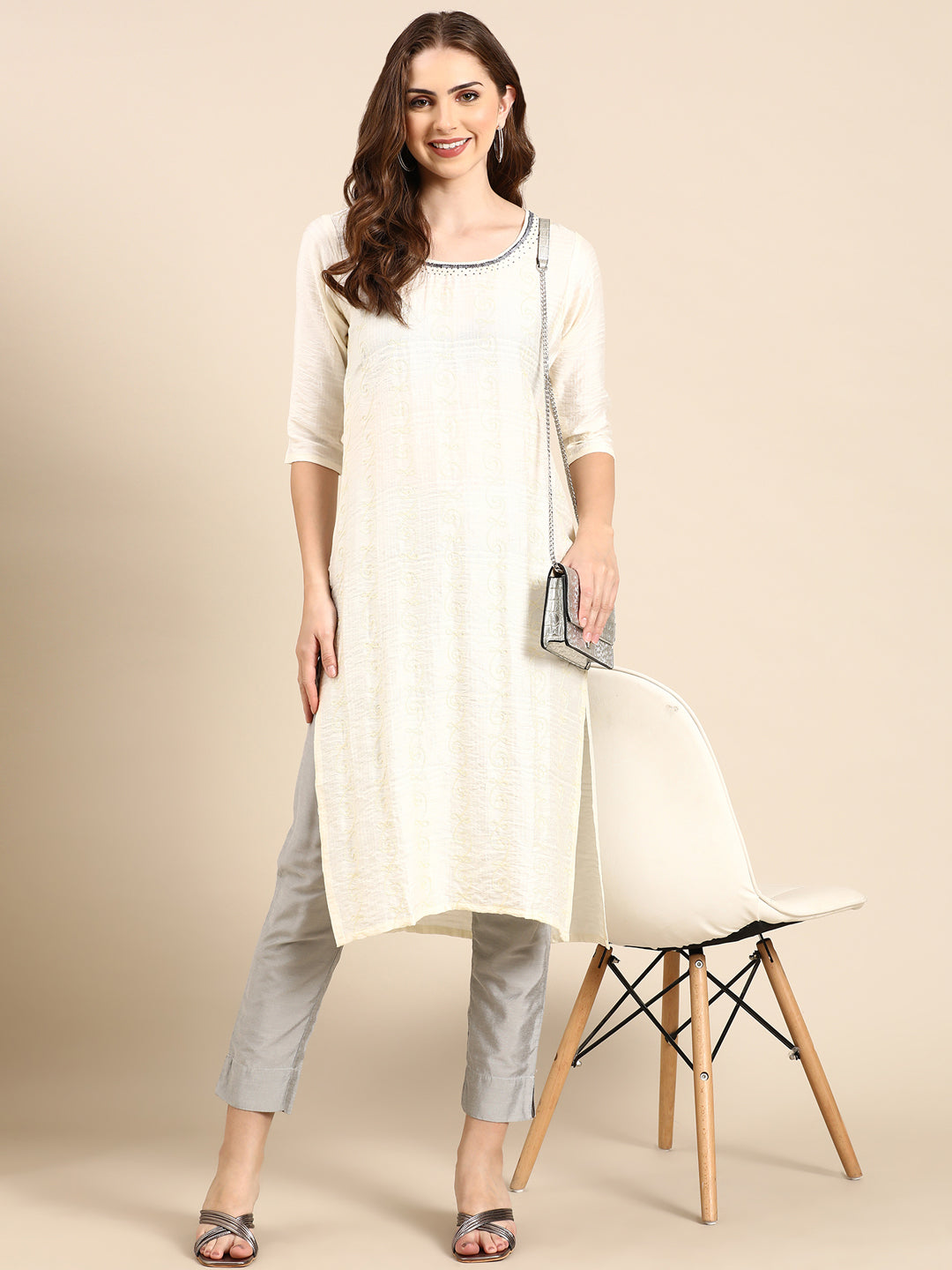 Women's Cream Embroidered Anarkali Kurta