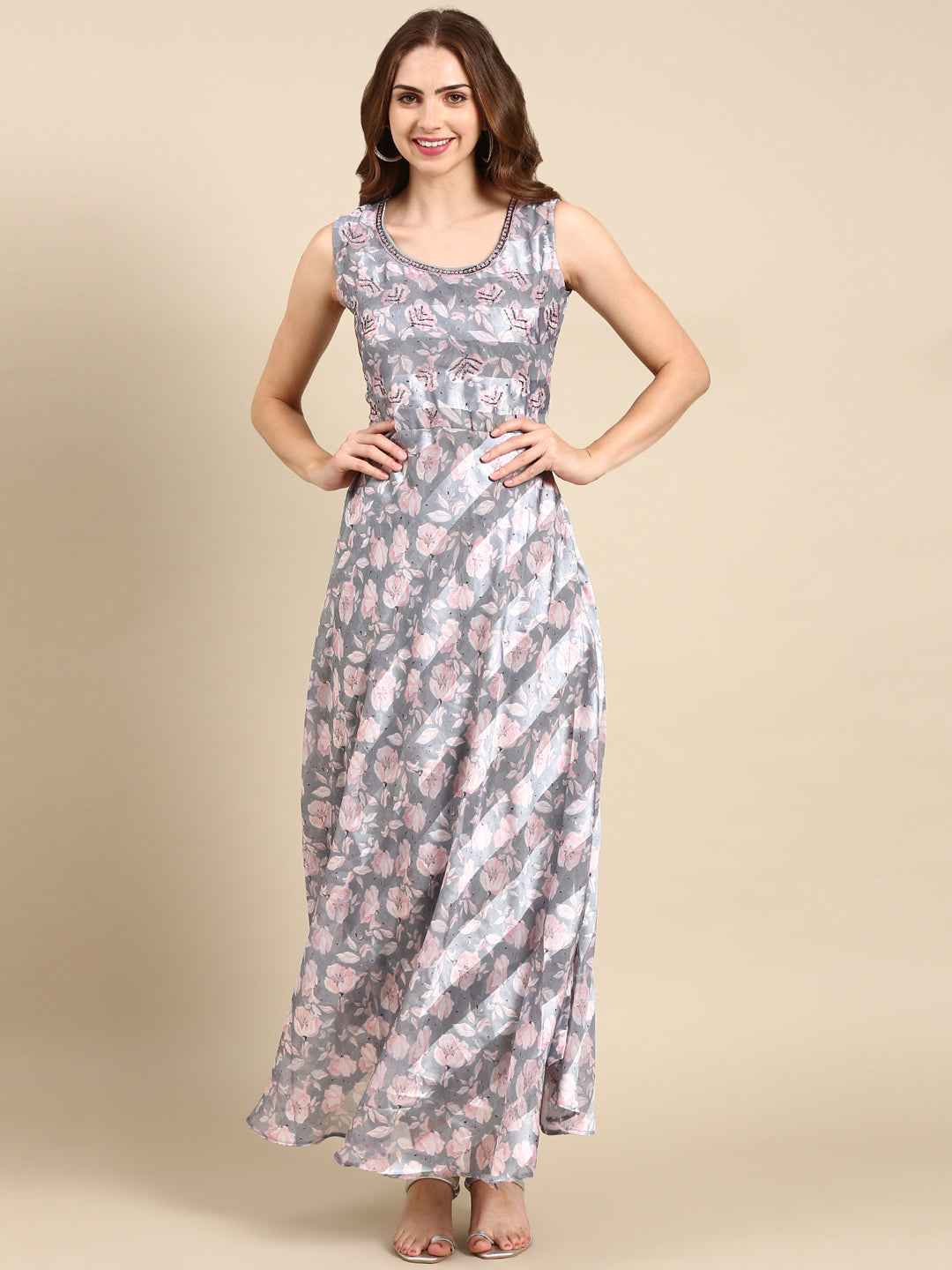 Women's Grey Floral Anarkali Kurta