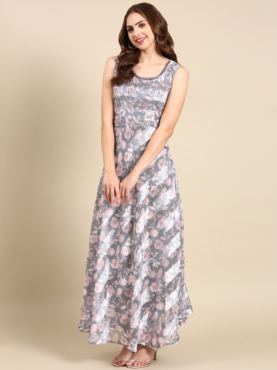 Women's Grey Floral Anarkali Kurta