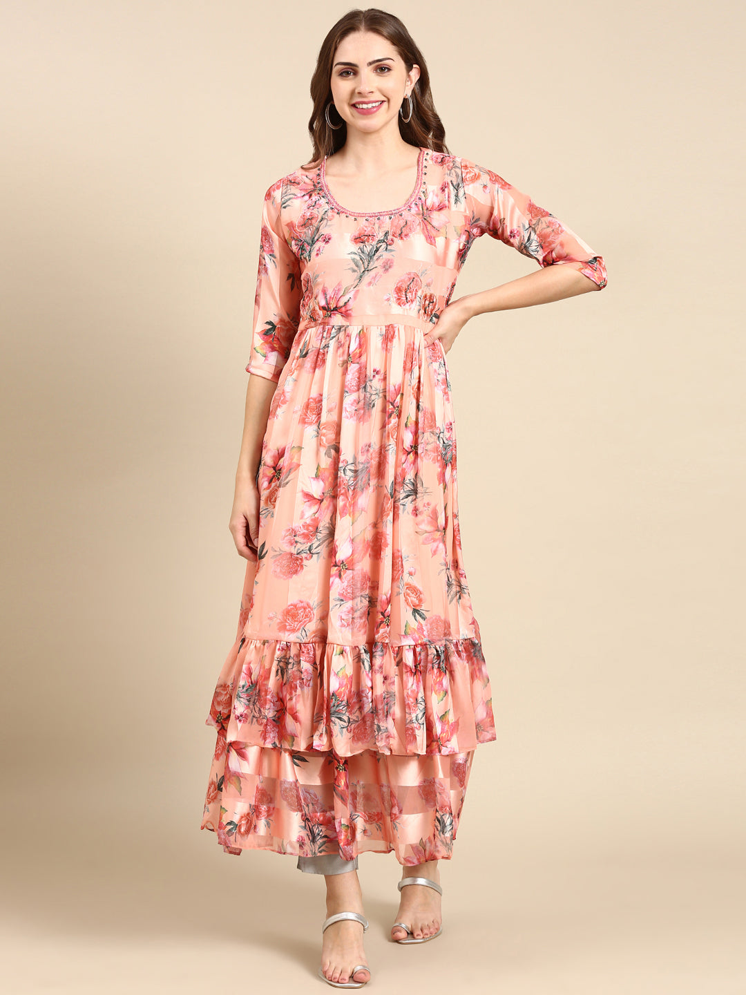 Women's Peach Floral Anarkali Kurta