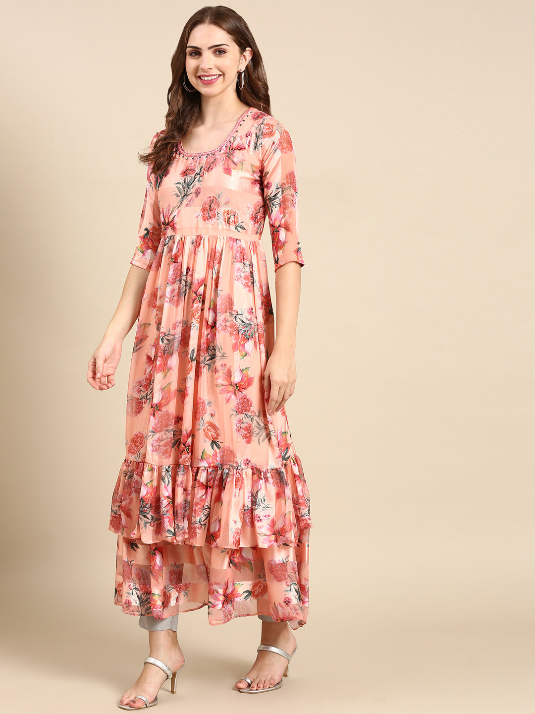 Women's Peach Floral Anarkali Kurta