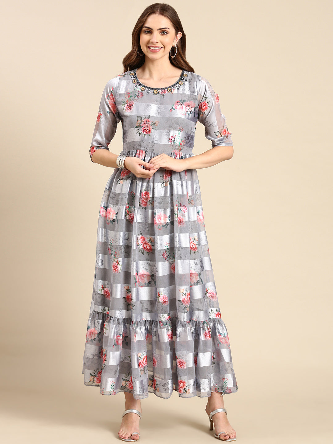 Women's Grey Floral Anarkali Kurta