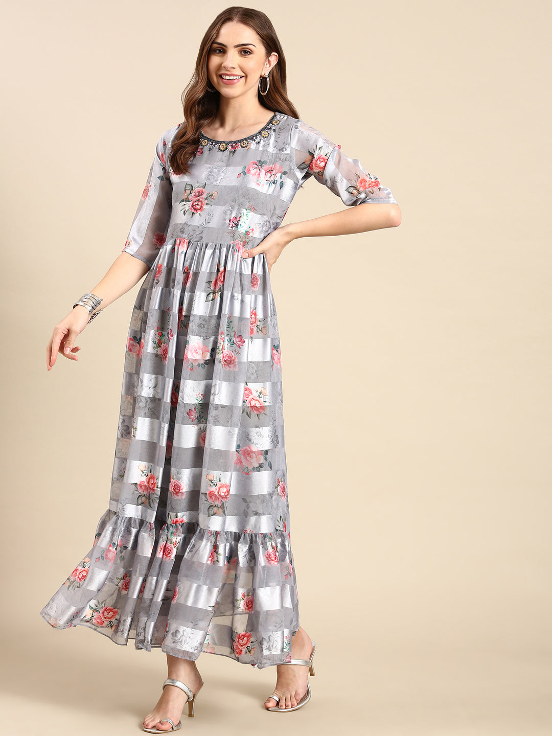 Women's Grey Floral Anarkali Kurta