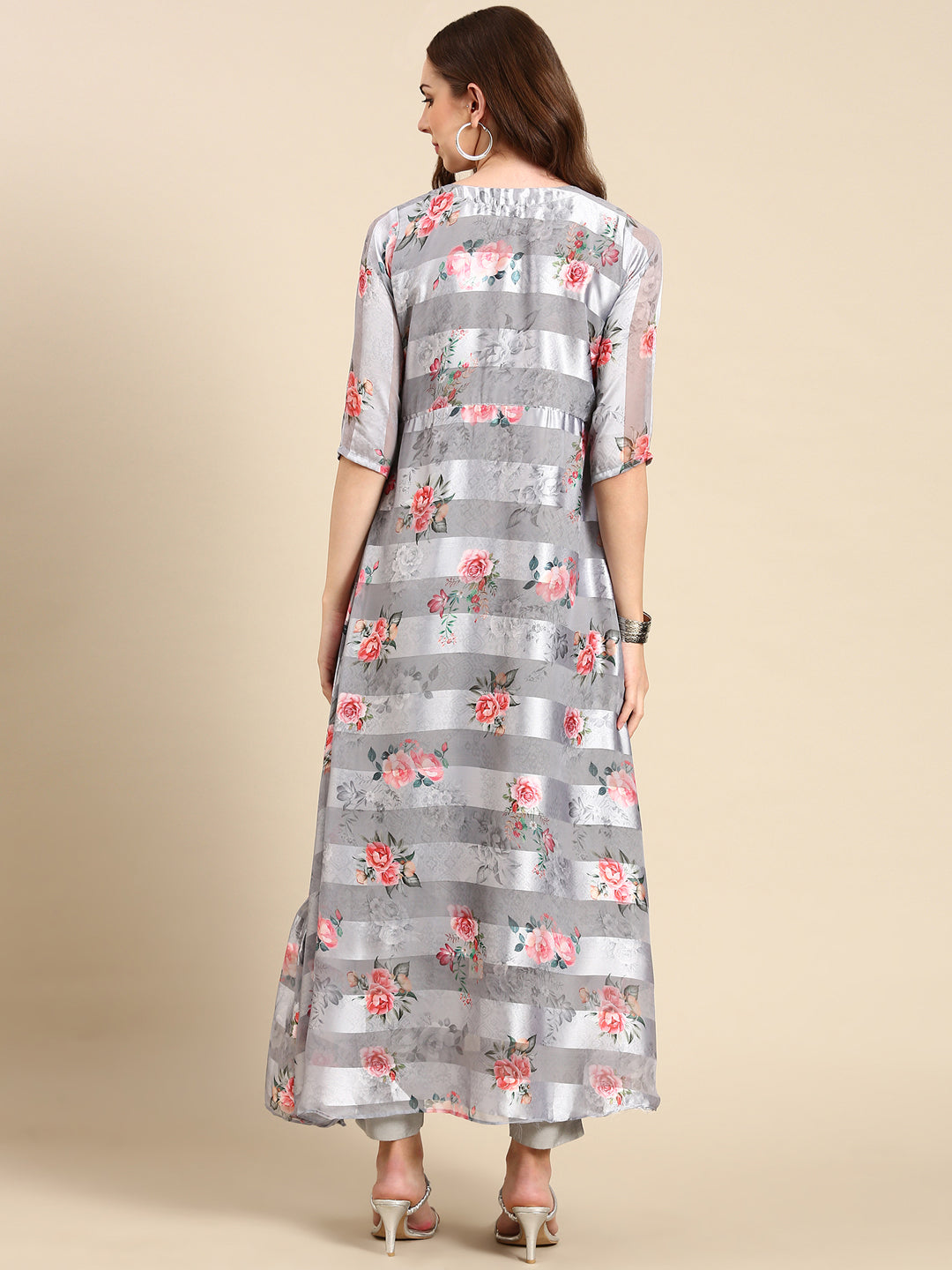 Women's Grey Floral Anarkali Kurta