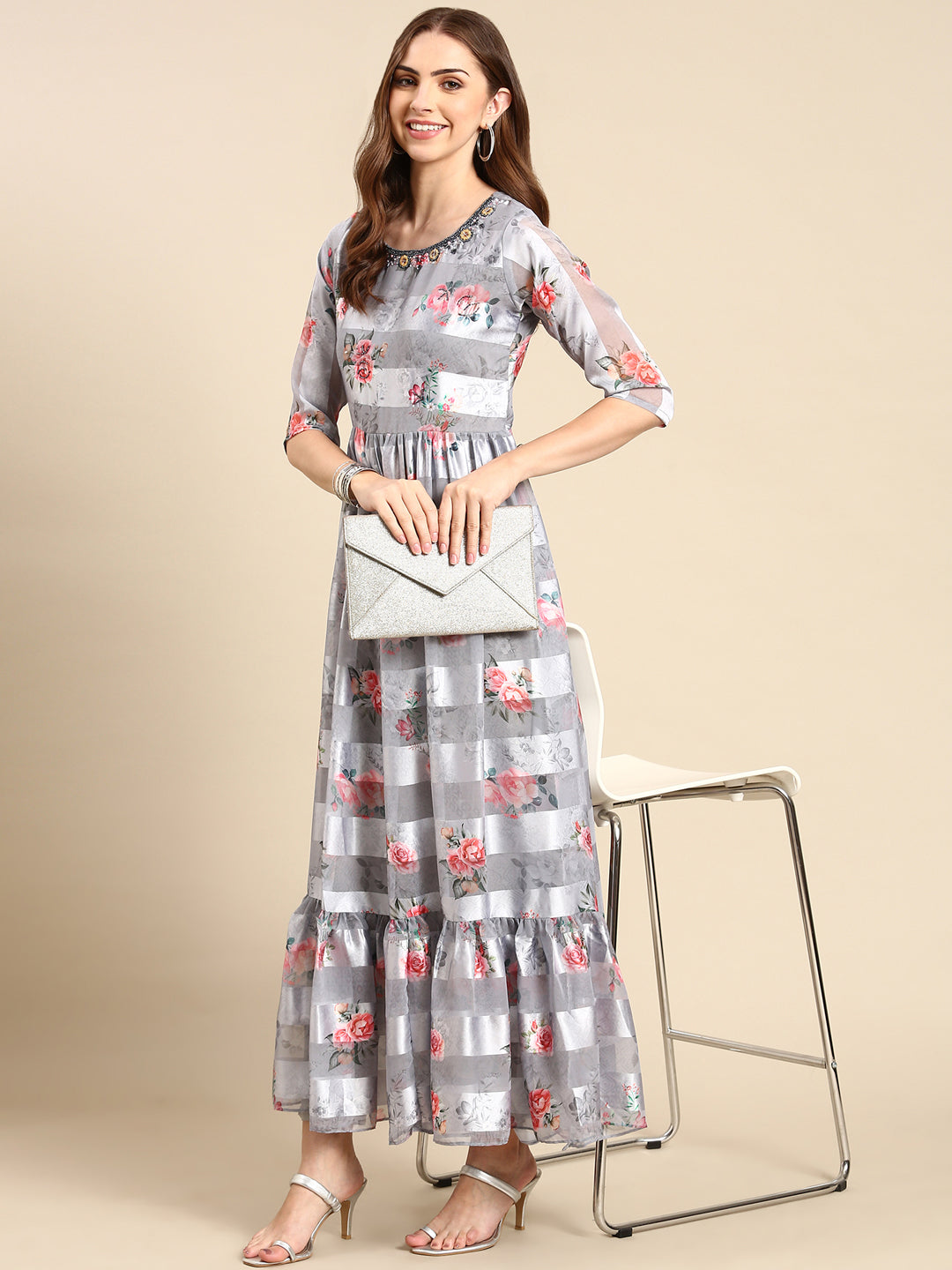 Women's Grey Floral Anarkali Kurta