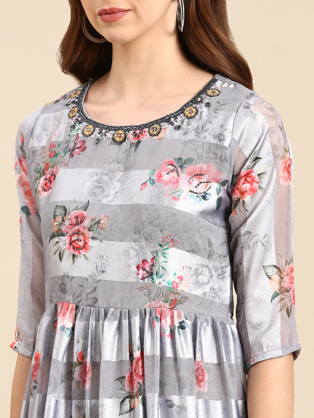 Women's Grey Floral Anarkali Kurta