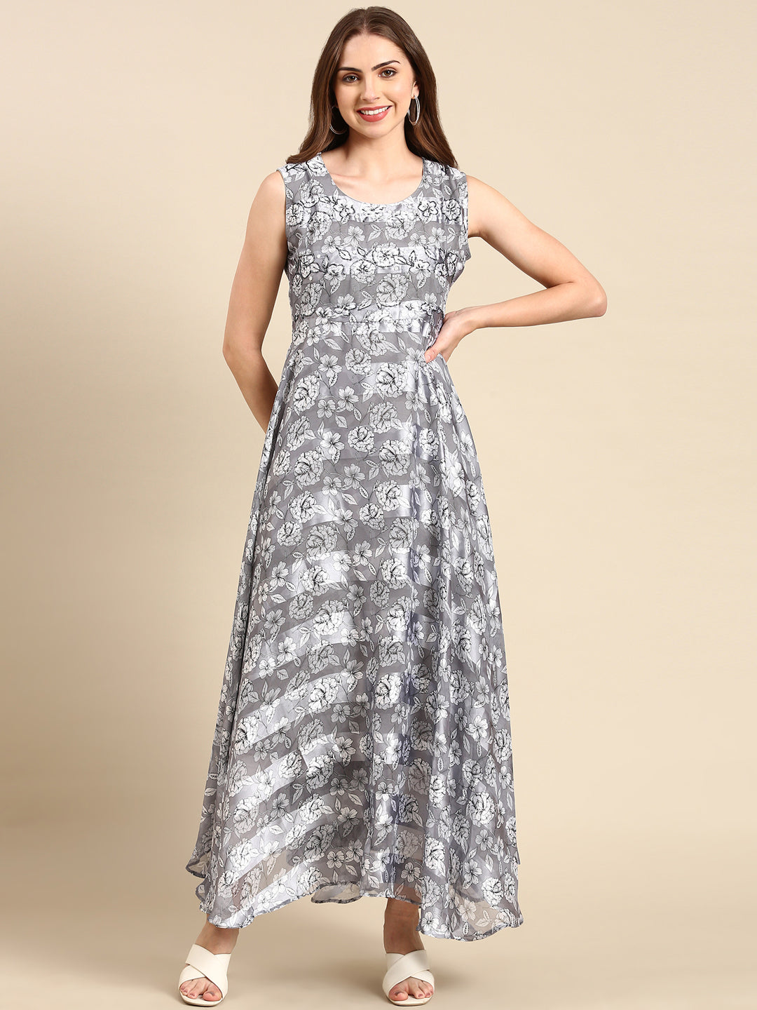 Women's Grey Floral Anarkali Kurta