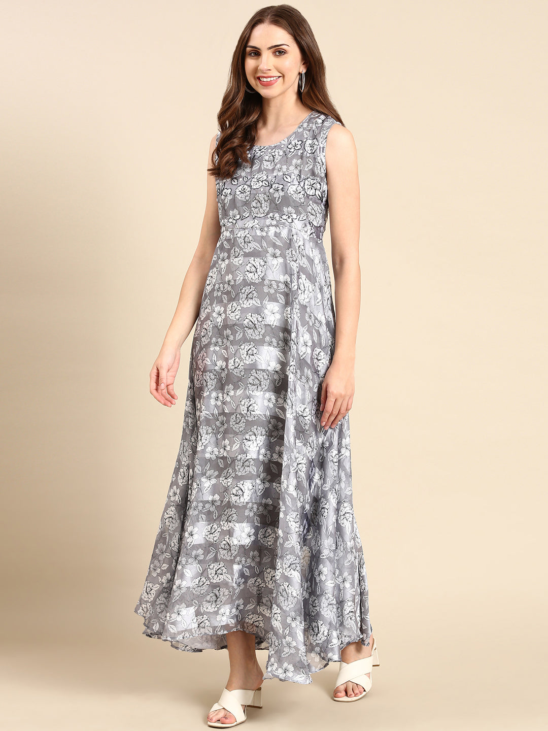 Women's Grey Floral Anarkali Kurta