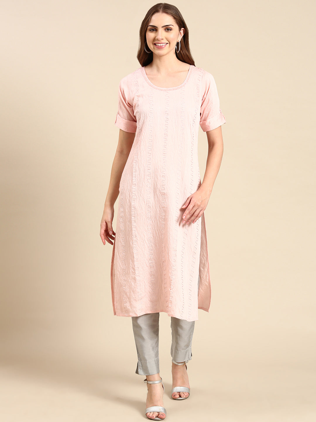 Women's Peach Embellished Straight Kurta