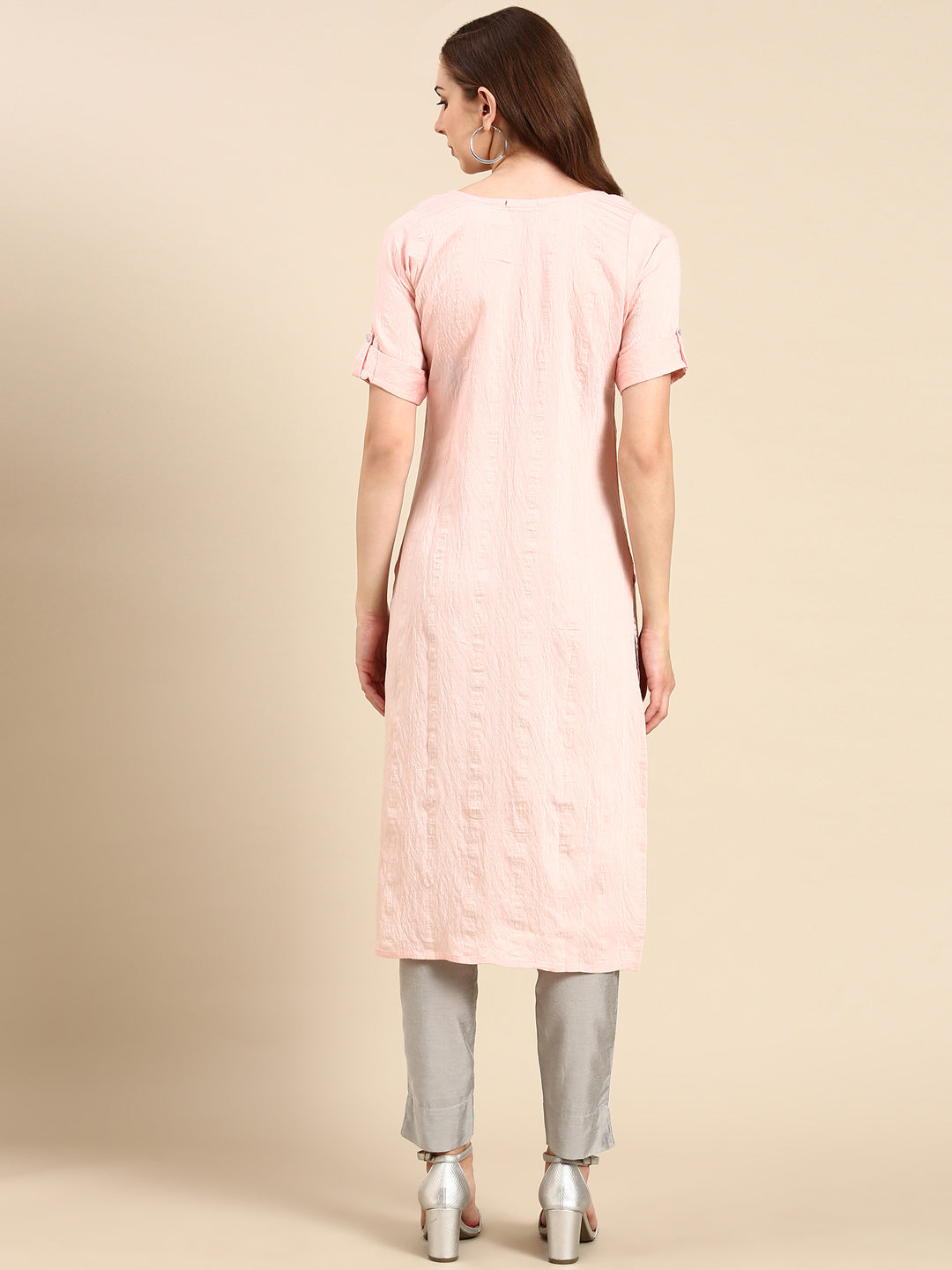 Women's Peach Embellished Straight Kurta