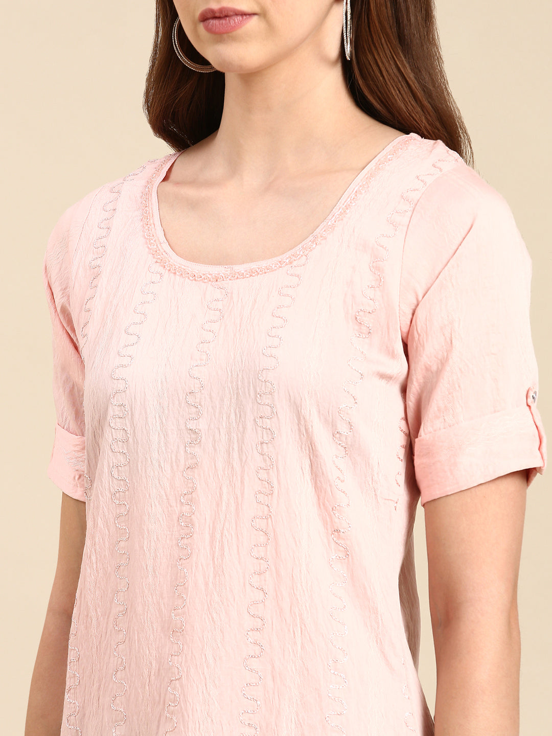 Women's Peach Embellished Straight Kurta