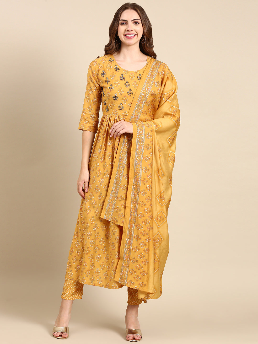 Women's Mustard Printed Kurta Set