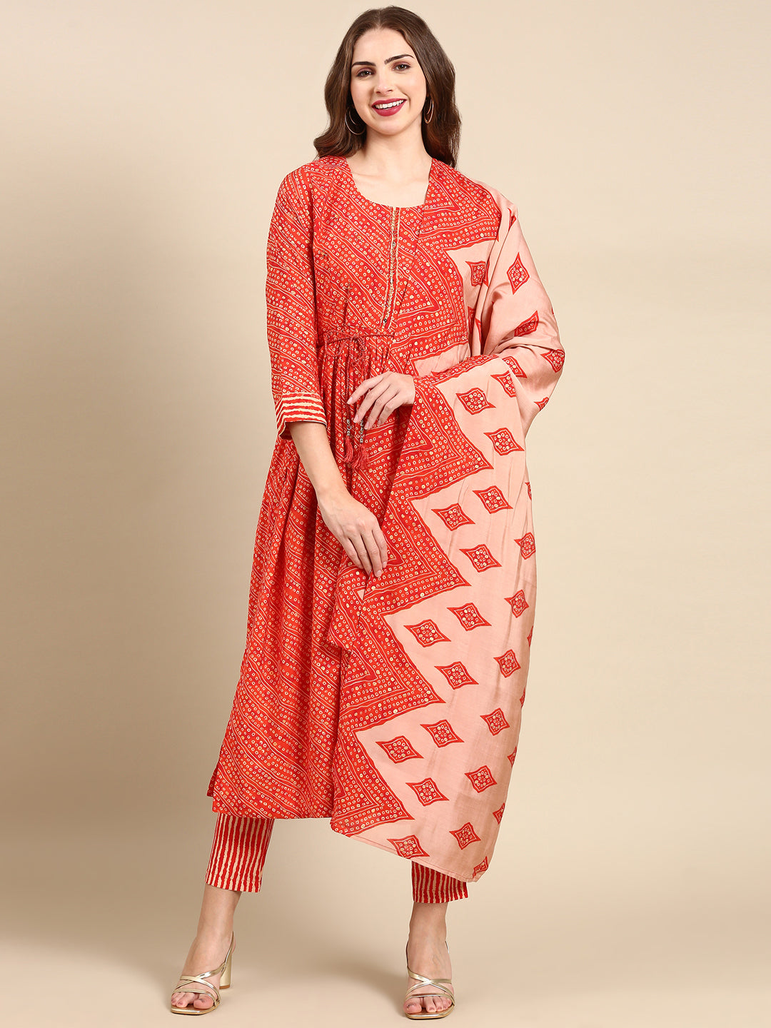 Women's Orange Printed Kurta Set