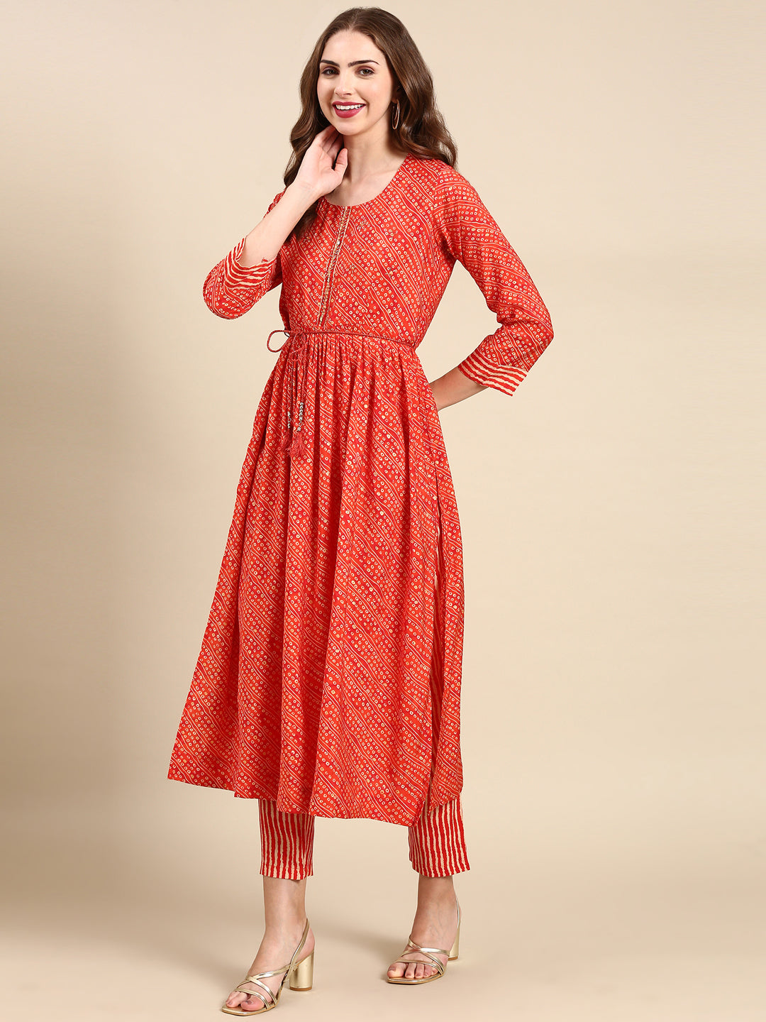 Women's Orange Printed Kurta Set