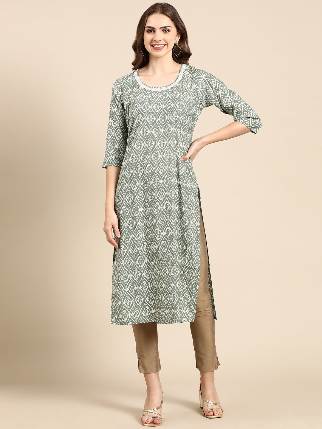 Women's Sea Green Printed Straight Kurta