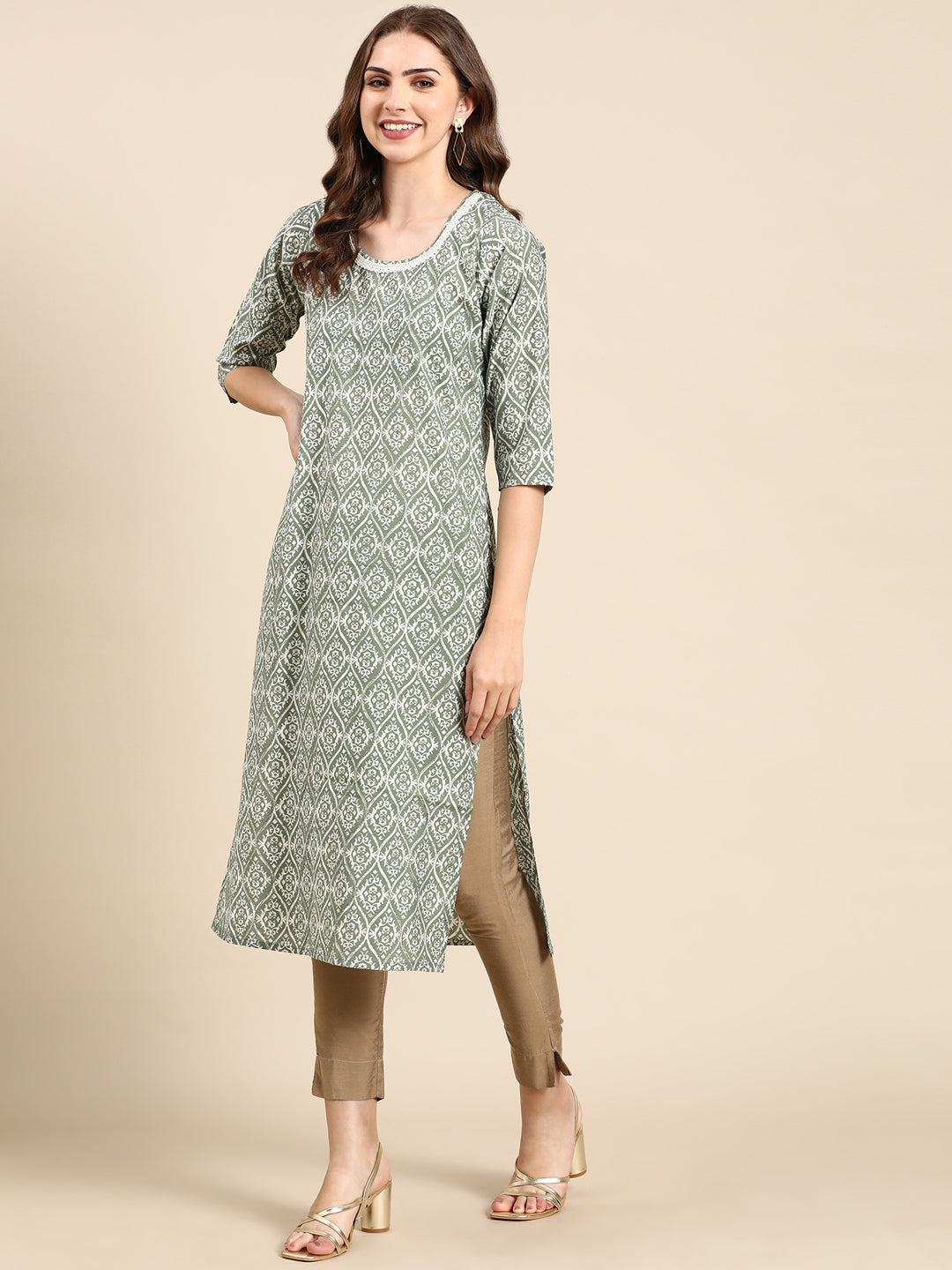 Women's Sea Green Printed Straight Kurta